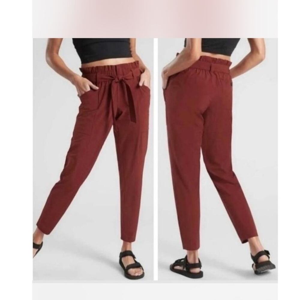 Athleta Skyline Paper Bag Rusty Brown Belted Hi Rise Waist Tie Pants  Size 6